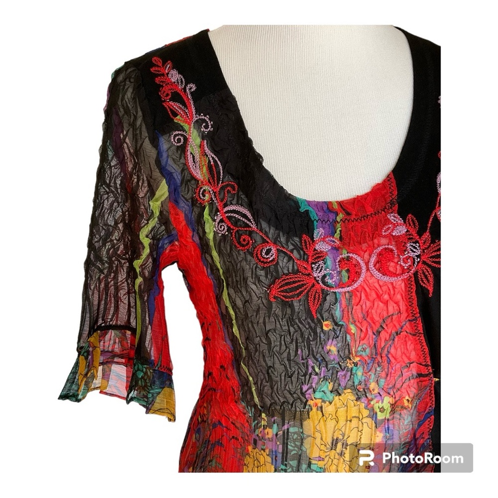 SOLD Alberto Makali Embroidered Top Black Multicolor Floral L - Picture 5 of 10